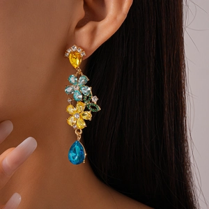 Vintage gold drop earrings with colorful floral crystals and blue teardrop stones