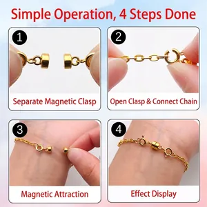 Golden magnetic jewelry clasp set for necklaces showing functional operation steps