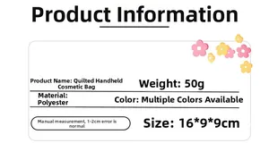 Detailed size and material specs for quilted polyester cosmetic bag, 16x9x9cm, 50g