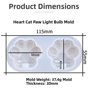 Dettaglio delle dimensioni dello stampo in silicone a zampa di gatto e cuore per ciondoli