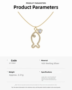 Detail of 925 sterling silver fish pendant with 5A zircon and 18K gold plating