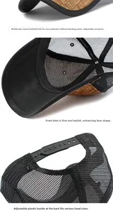 Detail van mesh baseballpet met geweven strooien rand en verstelbare plastic sluiting