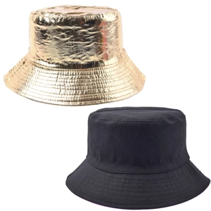 Chapeau bob réversible en or métallique brillant et noir mat avec texture plissée