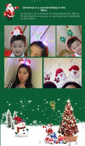 Detail of festive Christmas headbands featuring LED reindeer antlers and Santa designs