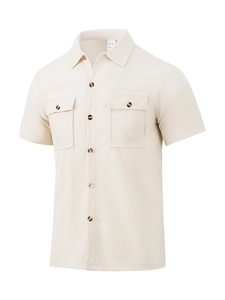 Detailed macro view of waffle texture fabric on men's beige short sleeve button polo shirt