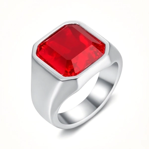 Men's minimalist silver ring with a large square red gemstone in a 45-degree angle view