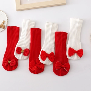 Baby Toddler Mid Tube Socks Combed Cotton Non Slip Ribbon Lace Large Bow Christmas New Year Princess Style For Girls
