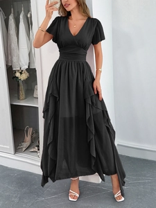 Detail of black V-neck chiffon maxi dress with ruffle sleeves and cinched waist