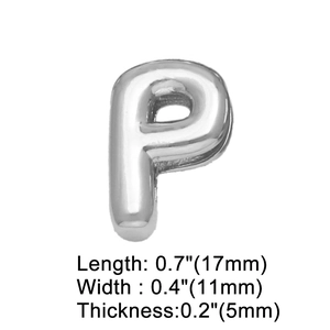 Polished silver metal letter P pendant charm showing dimensions 17mm length and 11mm width