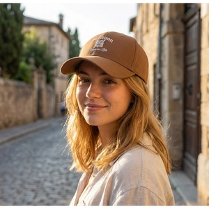 Brown cotton baseball cap with white paragon shield embroidery worn in street setting