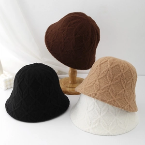 Knit Plush Bucket Hat Diamond Lattice Pattern Warm Faux Cashmere Fisherman Hat Winter Casual Soft Basin Cap Women