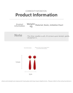 Detailed view of red teardrop resin earrings showing 5.5cm size and 6g weight specs