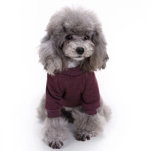Close-up of the ribbed neckline and cuffs on a burgundy knitted pet sweater