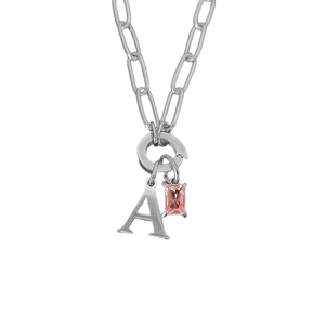 Elegante Halskette aus silbernem Titanstahl mit rosa Edelstein und Anhänger A.