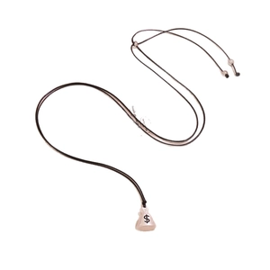Pink crystal money bag pendant necklace with dollar symbol and brown woven rope strap
