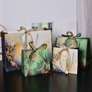 Marble Pattern Gift Bags Paper Handle Ribbon Bow Elegant Packaging For Wedding Party Festival Happy Times Design