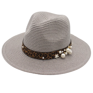 Women Straw Fedora Hat With Leopard Print Ribbon Artificial Pearl Flower Decor Wide Brim Breathable Sun Protection Summer Beach