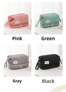 Detailed grid view of double-layer travel toiletry bags in four elegant colors