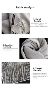 Macro shot of fine twill fabric, neat lockstitching, and handmade tassel scarf details