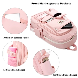 Detail view of pink backpack featuring front multi-pockets and anti-theft backside pocket