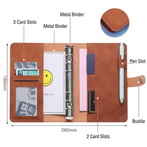 Brown A6 PU leather binder notebook with 6-ring binder and multiple card slots