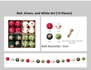 Detail view of 16-piece wool felt Christmas balls set with string and needle in a kraft box