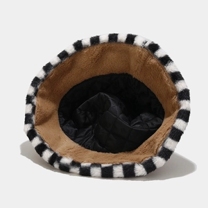Women's warm bucket hat with plaid faux fur brim and brown plush fabric details