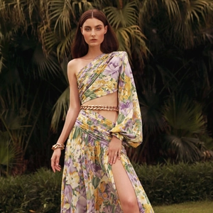 One Shoulder Cut Out Maxi Dress Floral Print Asymmetric Long Sleeve Sexy High Slit With Metal Chain Waist Decor Women