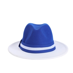 Two-tone blue and white wide-brim Fedora hat with striped ribbon for formal events