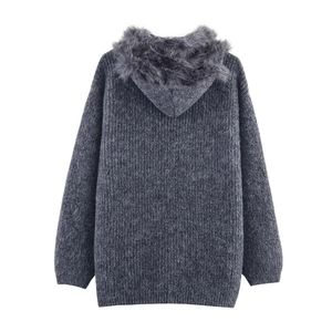 Dark grey chunky knit hoodie with faux fur trim on hood, relaxed fit back view