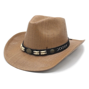Brown woven western cowboy straw hat with ethnic beaded band and vintage metal accents