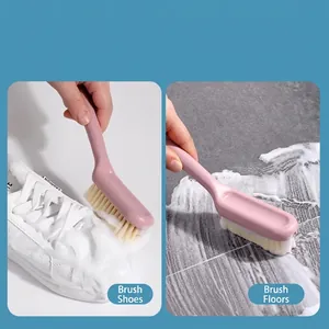 Pink long-handle cleaning brush with soft bristles for shoes and household floors