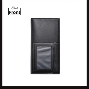 Front view of a minimalist long black leather wallet with a clear ID window slot
