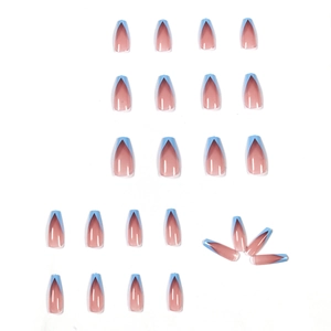 Blue and nude V-shape French press-on nails in long coffin shape set of 24 pieces