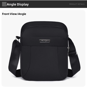 Front view of black waterproof oxford shoulder bag for men with JINGPIN metal logo