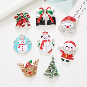 8-piece set of zinc alloy Christmas charms with rhinestones and colorful enamel