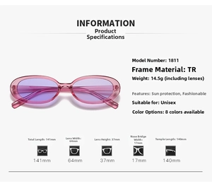 Detail view of pink TR frame cat eye sunglasses with purple lenses weighing 14.5g