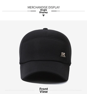Front view of black outdoor winter baseball cap with metal R SPORTBEST letter logo
