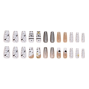 24pcs cat eye press-on nails with heart, stripe and star patterns in black and white