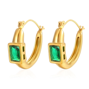 18K gold plated U-shaped stainless steel earrings with green emerald cut cubic zirconia