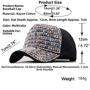 Detail showing adjustable strap and size specs for the pearl rhinestone baseball cap