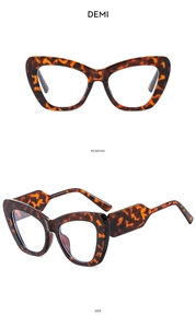 Front and side view of demi cat-eye sunglasses with thick geometric temples