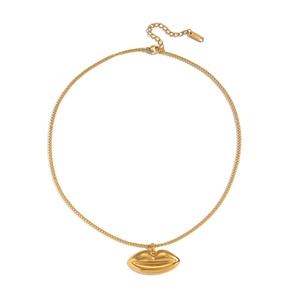 Detailed view of a gold-plated stainless steel lip pendant necklace with lobster clasp