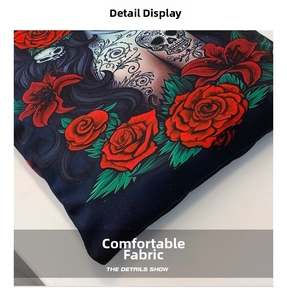 Detail of high-quality canvas fabric with skull and floral print on shoulder bag