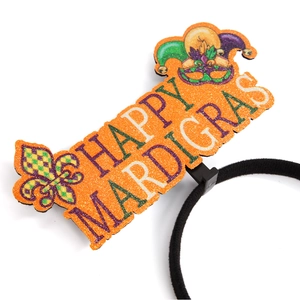 Sparkly Happy Mardi Gras headband with fleur-de-lis and jester mask on orange glitter base