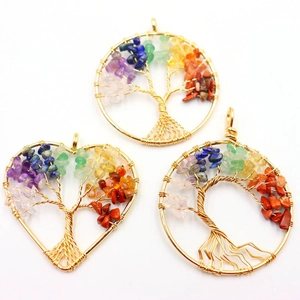 Handmade Tree of Life pendants with colorful natural crystal stones in gold wire wrapping