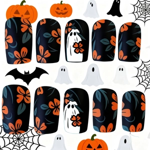 Halloween press-on nails set featuring matte black base with ghost and pumpkin patterns