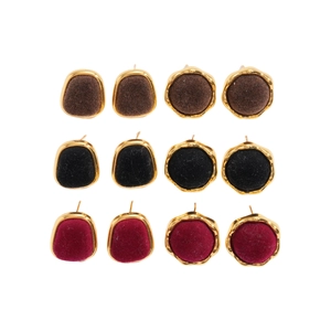Retro geometric flocked stud earrings set in brown, black, and burgundy with gold trim