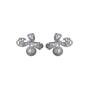 Elegant bow-knot pearl earrings with sparkling zircons and silver pin for women