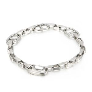 Brushed silver stainless steel oval and pig nose link chain bracelet for men